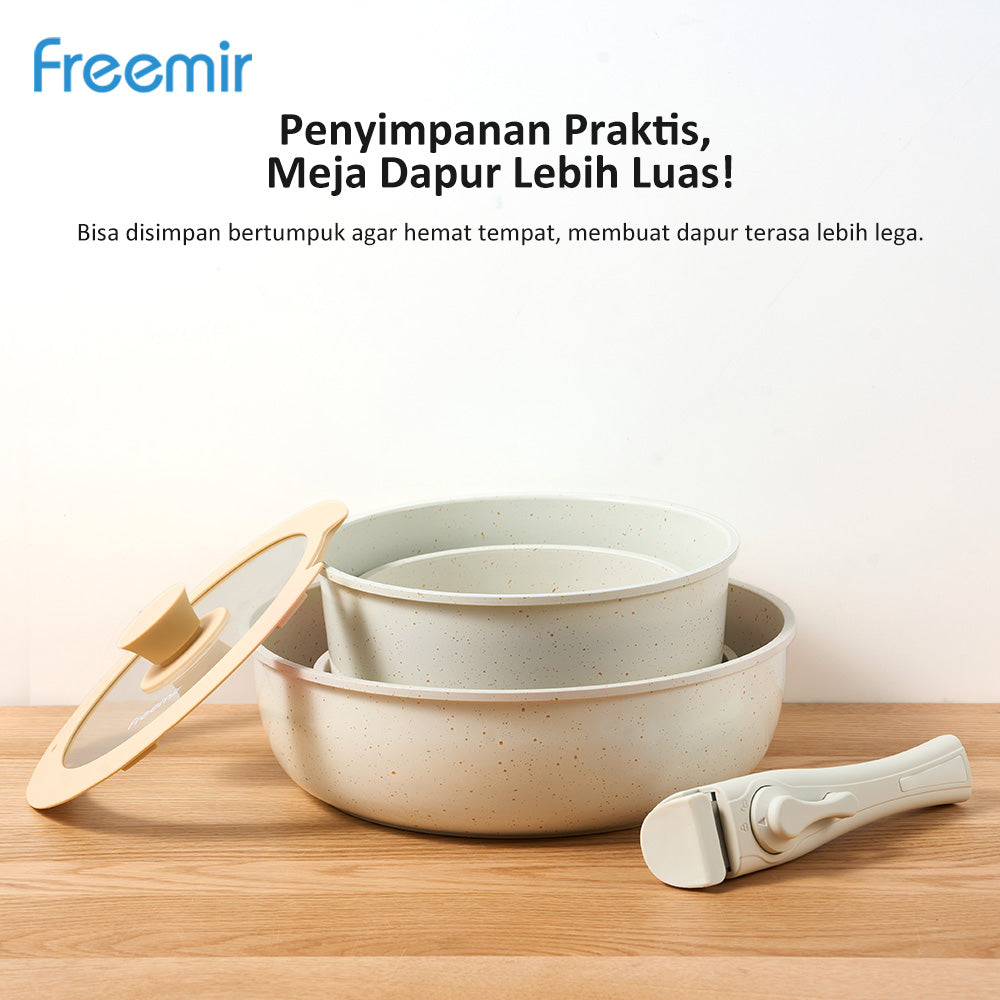 freemit Set Panci Wajan 6 Pcs Anti Lengket dengan Gagang Lepas Pasang