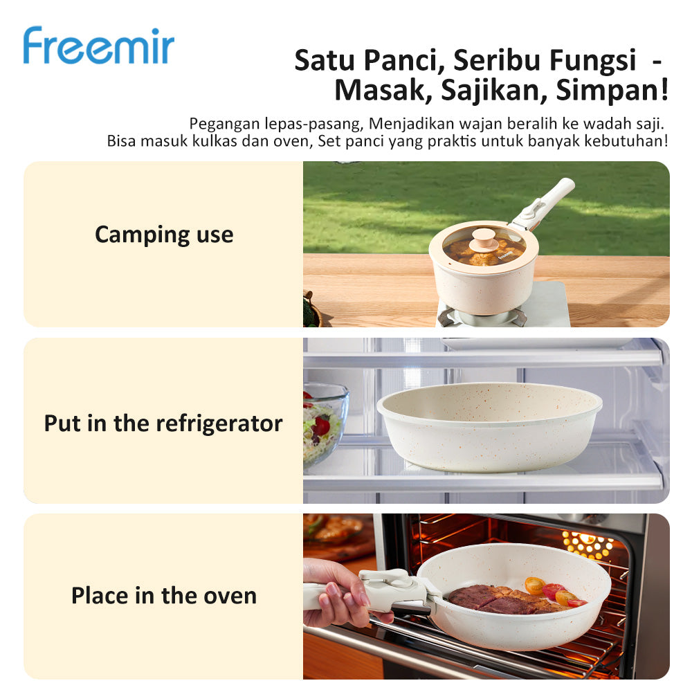 freemit Set Panci Wajan 6 Pcs Anti Lengket dengan Gagang Lepas Pasang