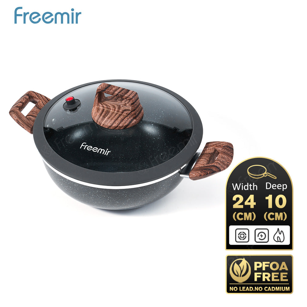freemir 24 CM Micro Pressure Single Bottom Non-Stick Frying Pan with Two Handles and Glass Lid