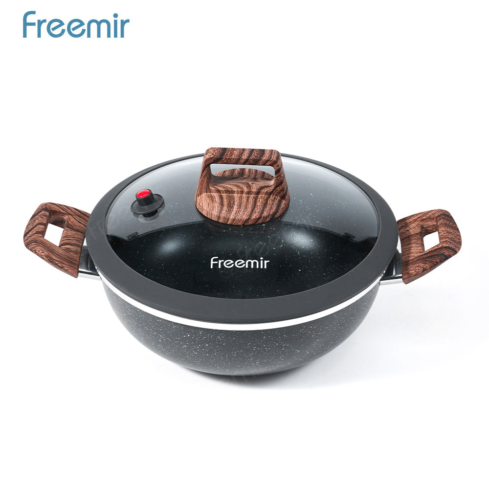 freemir 24 CM Micro Pressure Single Bottom Non-Stick Frying Pan with Two Handles and Glass Lid