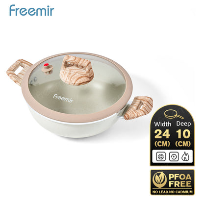 freemir 24 CM Non-Stick Micro Pressure Frying Pan with Two Wooden Handles and Glass Lid