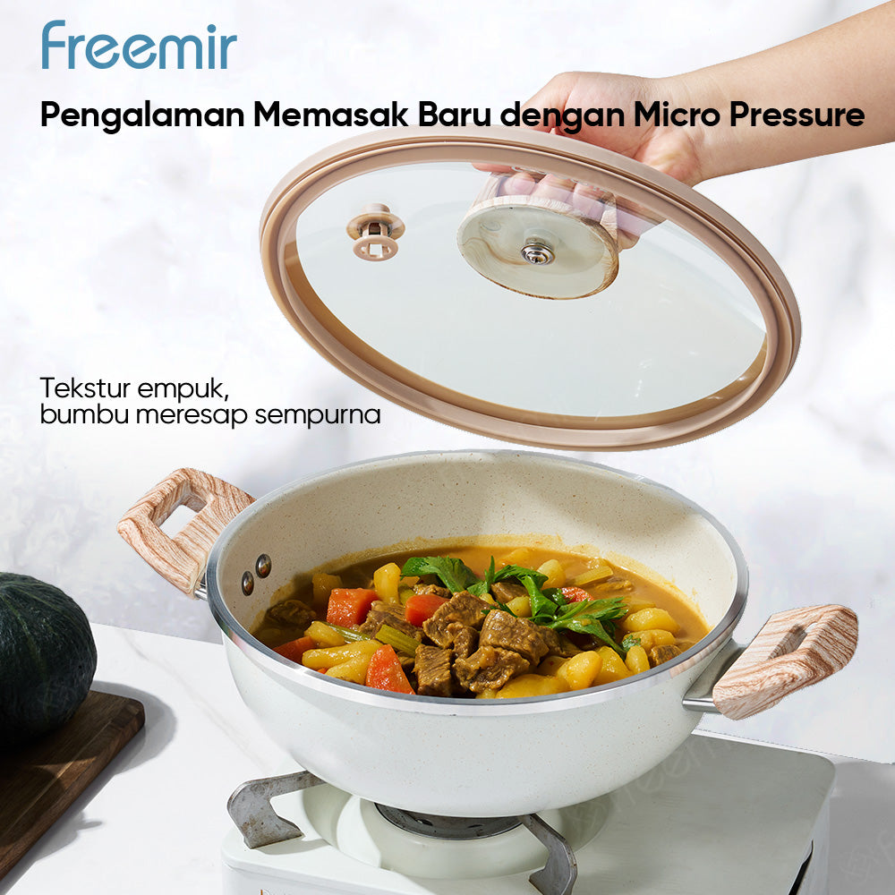 freemir 24 CM Non-Stick Micro Pressure Frying Pan with Two Wooden Handles and Glass Lid