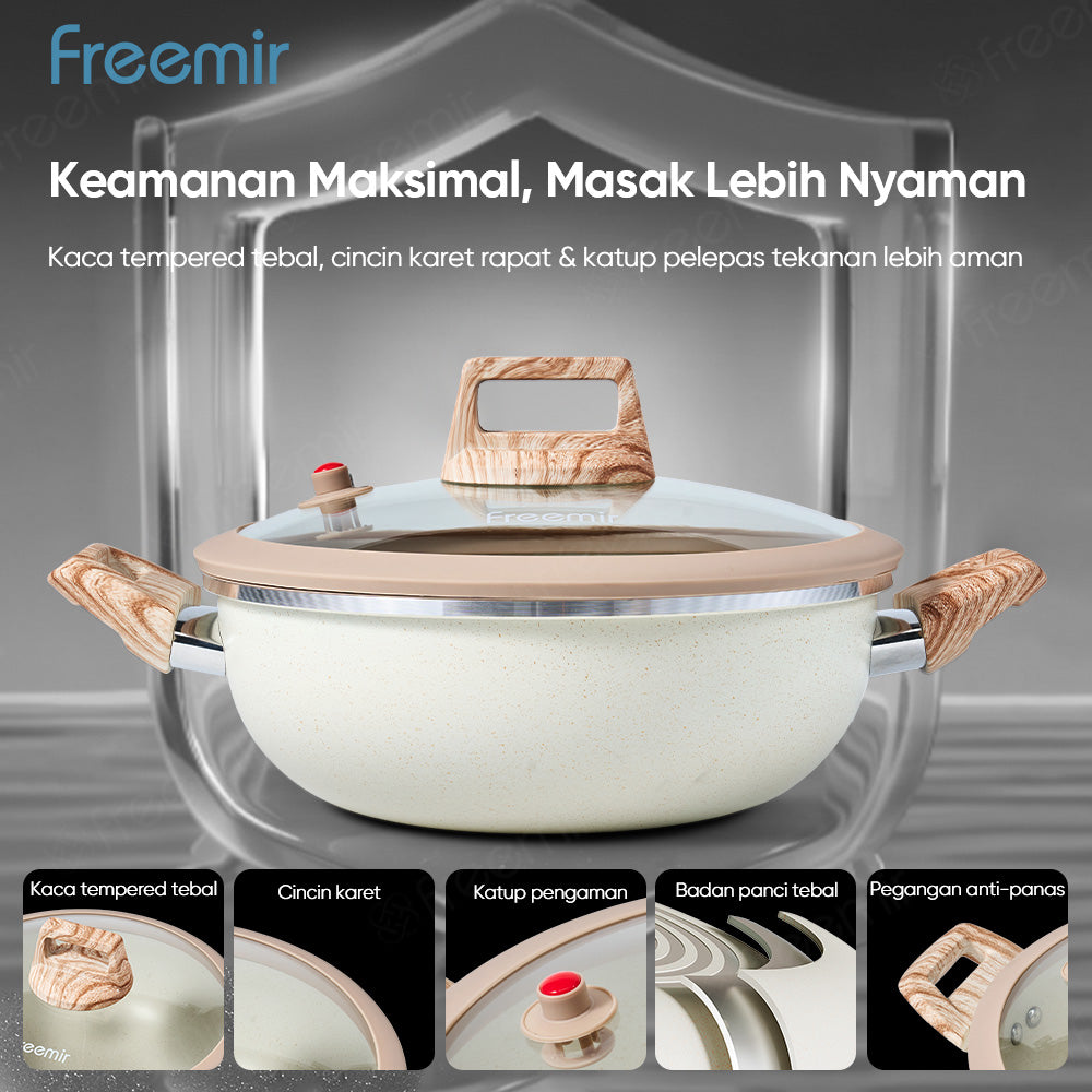 freemir 24 CM Non-Stick Micro Pressure Frying Pan with Two Wooden Handles and Glass Lid