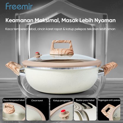 freemir 24 CM Non-Stick Micro Pressure Frying Pan with Two Wooden Handles and Glass Lid