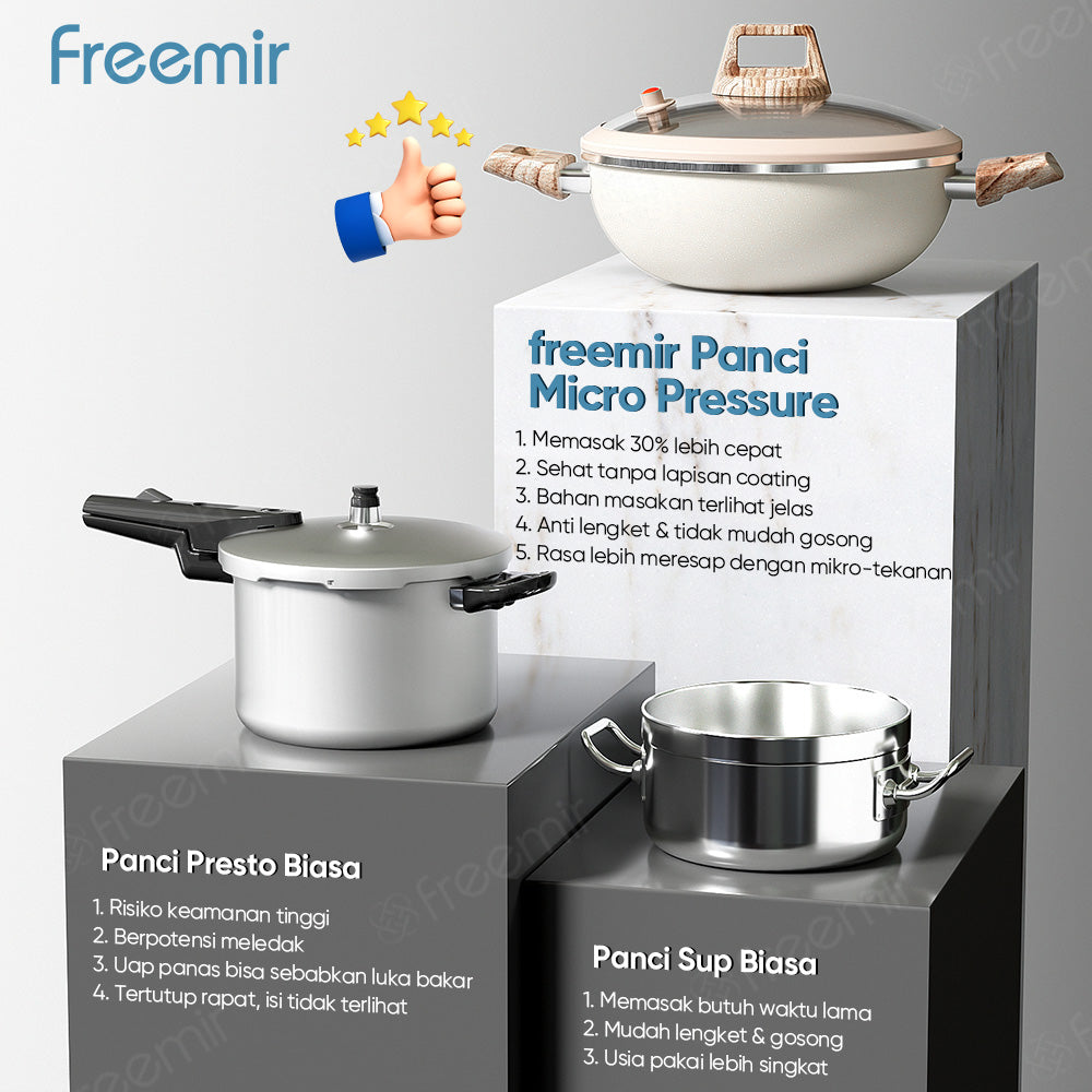 freemir 24 CM Non-Stick Micro Pressure Frying Pan with Two Wooden Handles and Glass Lid