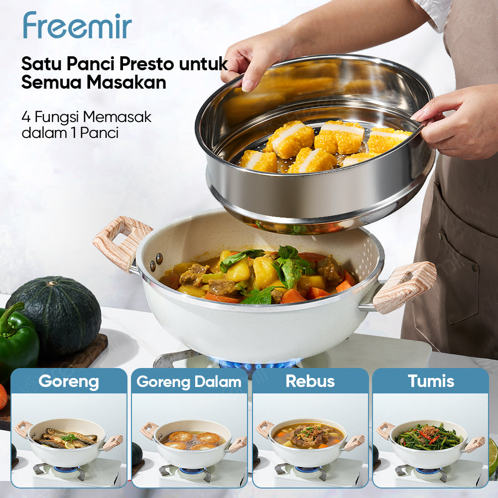 freemir 24 CM Non-Stick Micro Pressure Frying Pan with Two Wooden Handles and Glass Lid