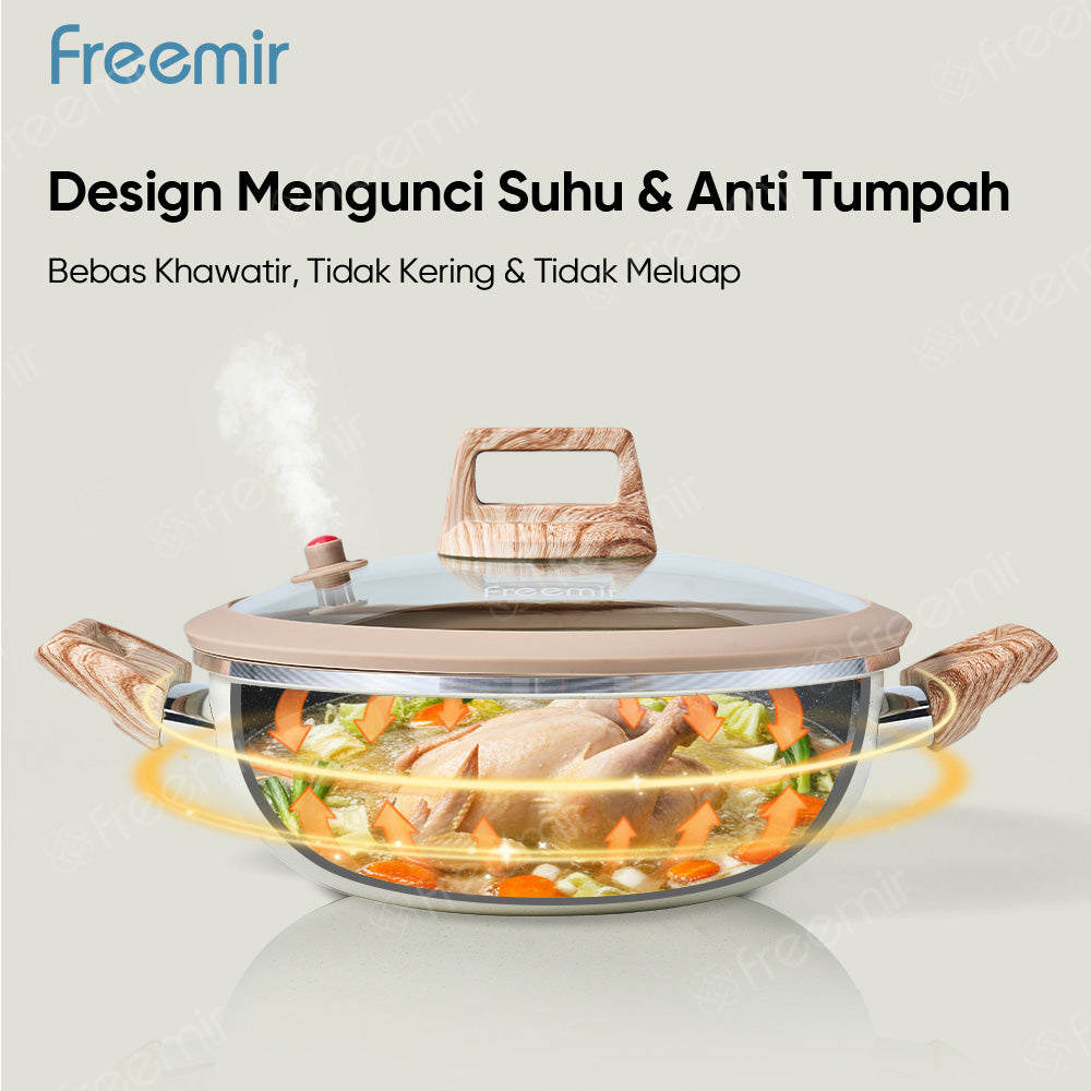 freemir 24 CM Non-Stick Micro Pressure Frying Pan with Two Wooden Handles and Glass Lid