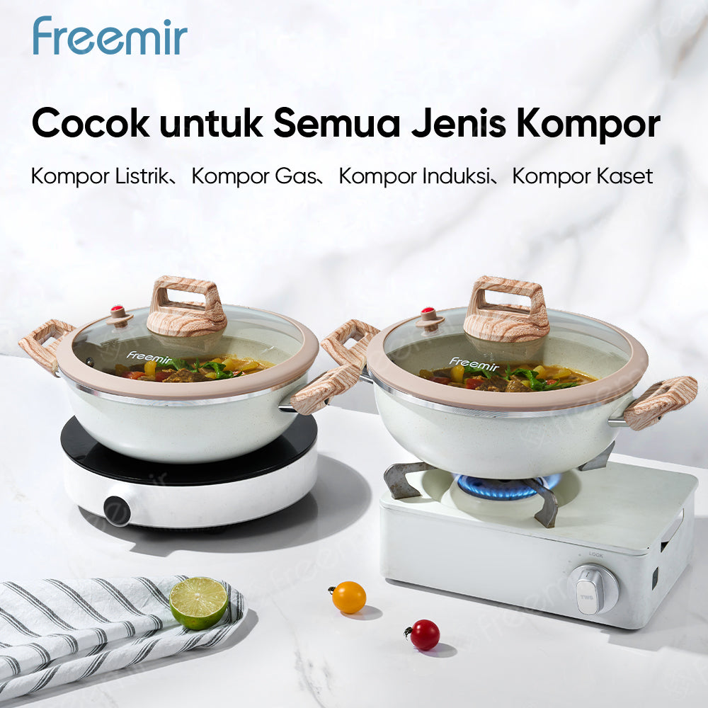 freemir 24 CM Non-Stick Micro Pressure Frying Pan with Two Wooden Handles and Glass Lid