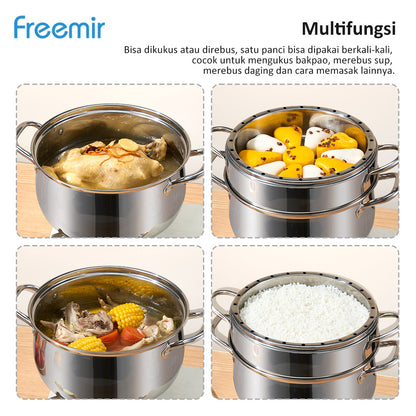 freemir Panci Kukus Nasi Stainless Steel 26 CM x 13.5 CM dengan Tutup Kaca dan Saringan Kukus