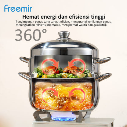 freemir Panci Kukus Nasi Stainless Steel 26 CM x 13.5 CM dengan Tutup Kaca dan Saringan Kukus