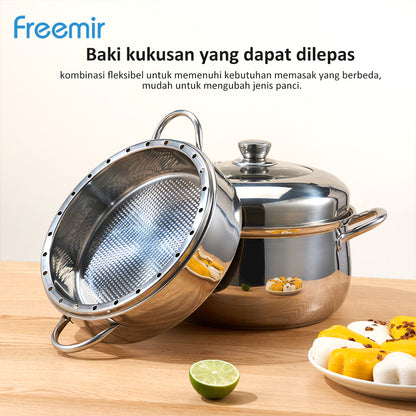 freemir Panci Kukus Nasi Stainless Steel 26 CM x 13.5 CM dengan Tutup Kaca dan Saringan Kukus