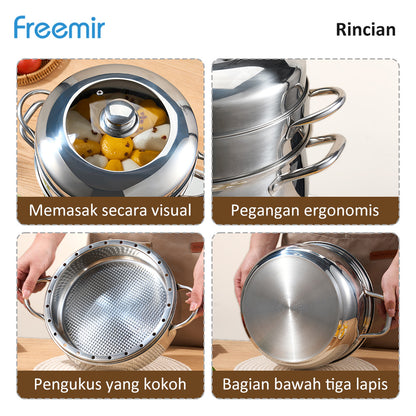 freemir Panci Kukus Nasi Stainless Steel 26 CM x 13.5 CM dengan Tutup Kaca dan Saringan Kukus