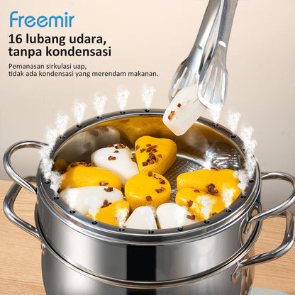 freemir Panci Kukus Nasi Stainless Steel 26 CM x 13.5 CM dengan Tutup Kaca dan Saringan Kukus