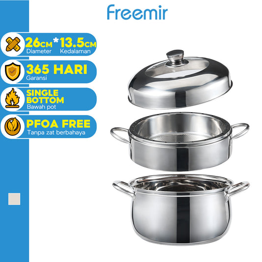 freemir Panci Kukus Nasi Stainless Steel 26 CM x 13.5 CM dengan Tutup Kaca dan Saringan Kukus