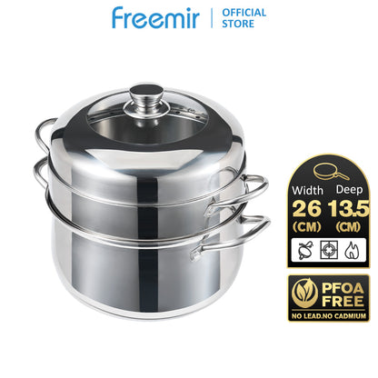 freemir Panci Kukus Nasi Stainless Steel 26 CM x 13.5 CM dengan Tutup Kaca dan Saringan Kukus