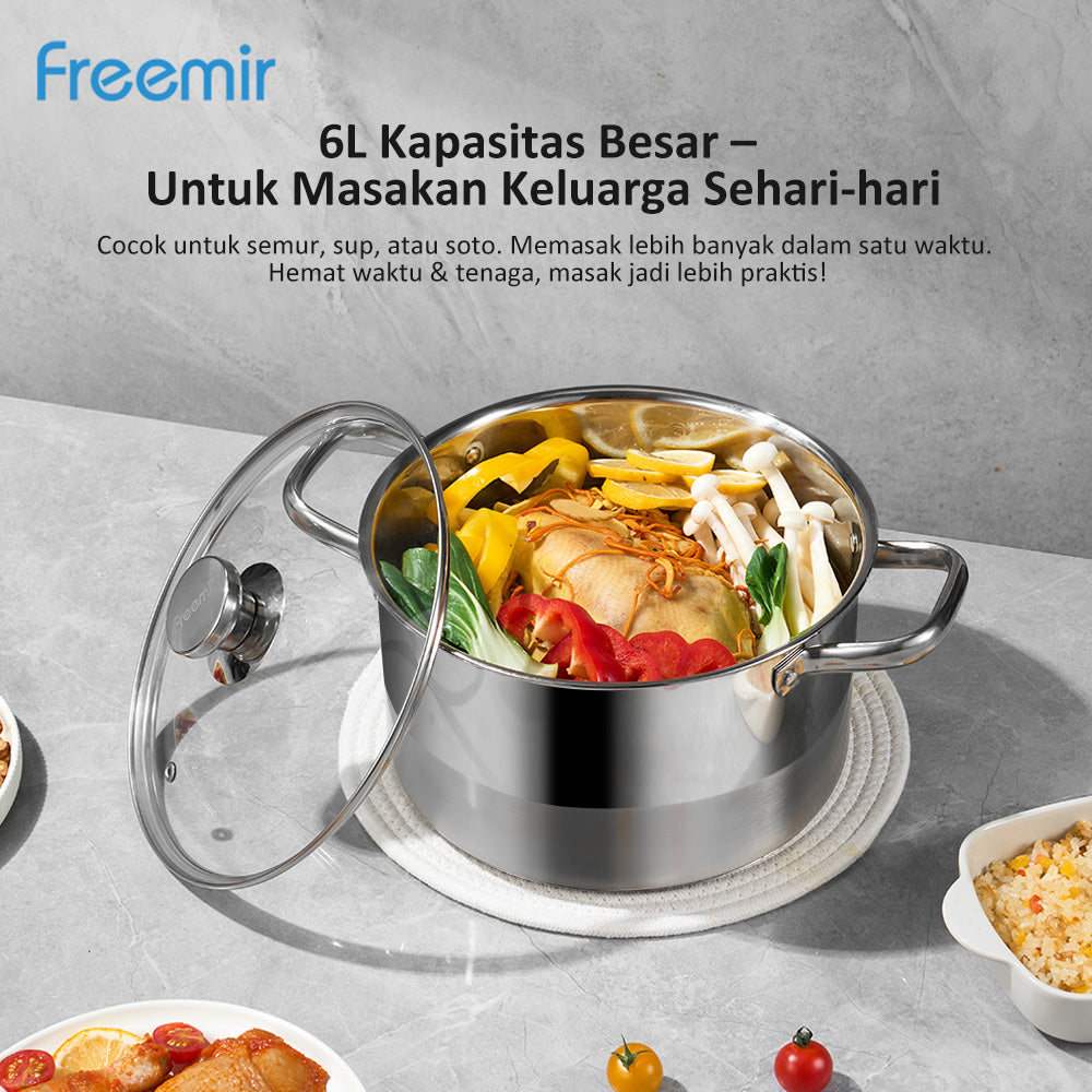 Freemir 26 CM Double Bottom 6L Stainless Steel Pan with Lid