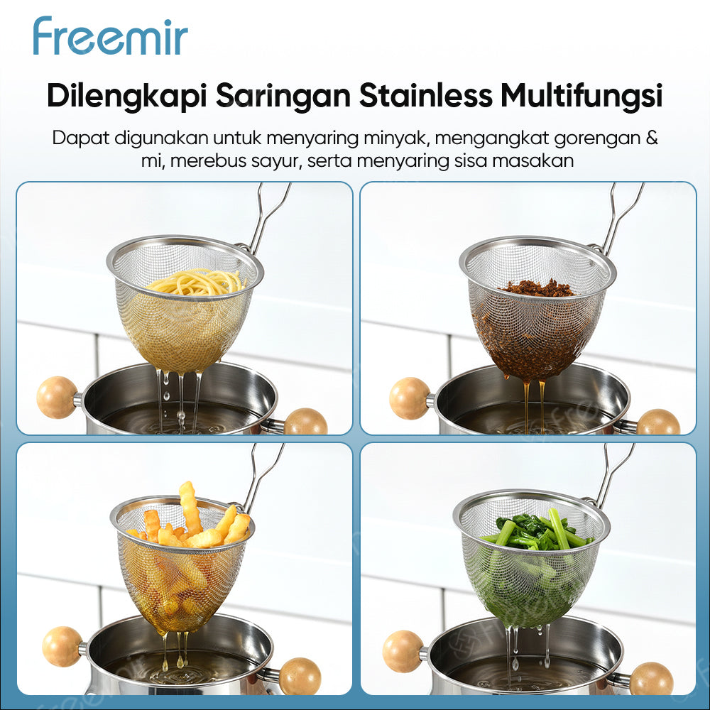 freemir Deep Fryer Stainless Steel & Wadah Penyimpanan Minyak Multifungsi - Set dengan Saringan Minyak (Skimmer Spoon)