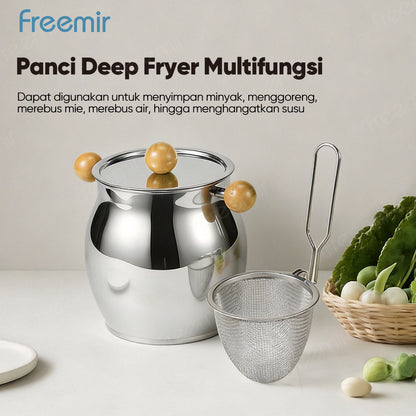 freemir Deep Fryer Stainless Steel & Wadah Penyimpanan Minyak Multifungsi - Set dengan Saringan Minyak (Skimmer Spoon)