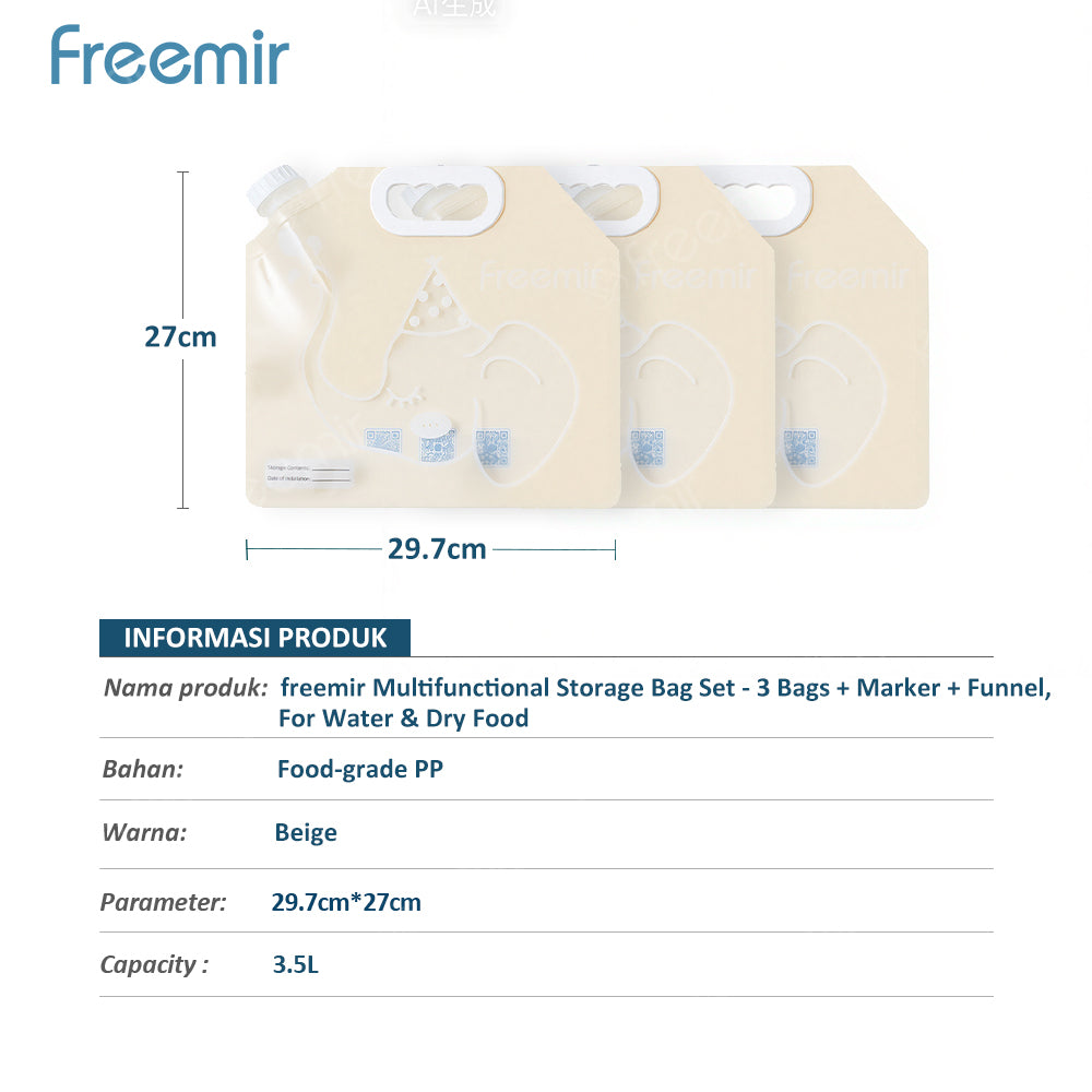 freemir Storage Bag Anti Bocor 2.5L isi 3 Beige - Bonus Corong & Spidol Whiteboard